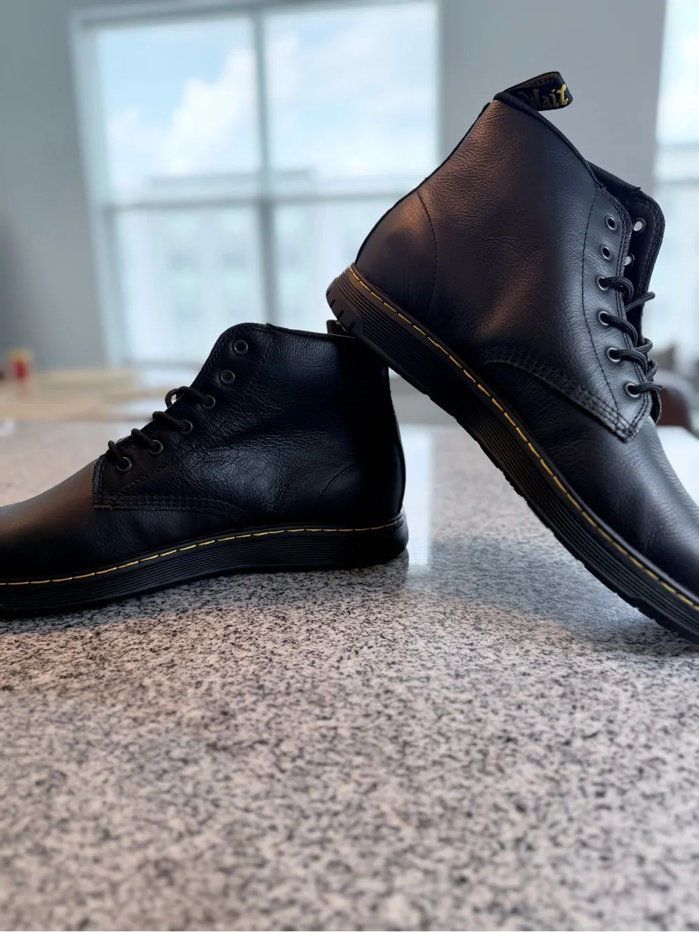 Dr. Martens Black Leather Lace-Up Ankle Boots with Yellow Stitching